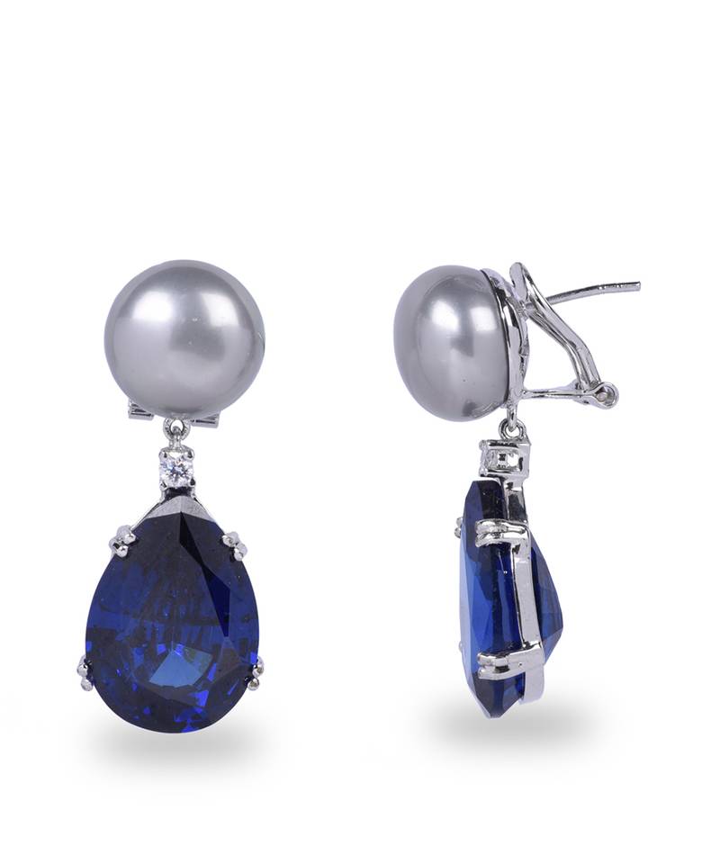 Blue Grey Cultured Pearl Top With Pear Blue Sapphire Drop