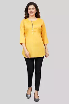 Yellow woven rayon short-kurtis