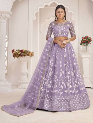 Light-lavender embroidered net semi stitched lehenga 1