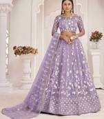 Light-lavender embroidered net semi stitched lehenga