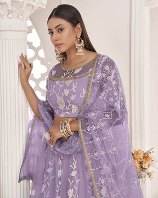 Light-lavender embroidered net semi stitched lehenga 2