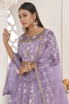 Light-lavender embroidered net semi stitched lehenga