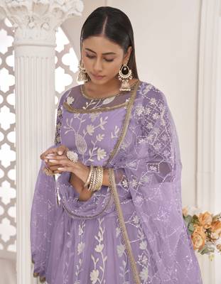 Light-lavender embroidered net semi stitched lehenga 3