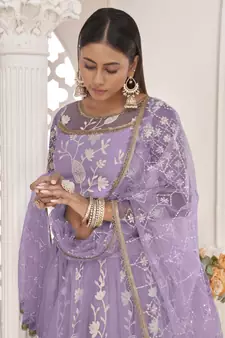 Light-lavender embroidered net semi stitched lehenga