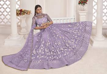 Light-lavender embroidered net semi stitched lehenga 4