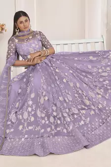 Light-lavender embroidered net semi stitched lehenga