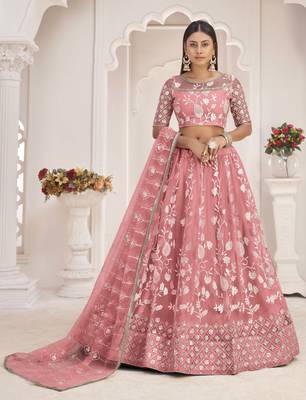 Pink embroidered net semi stitched lehenga 1