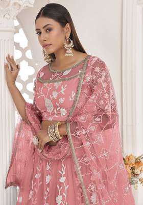 Pink embroidered net semi stitched lehenga 2
