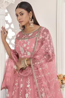 Pink embroidered net semi stitched lehenga