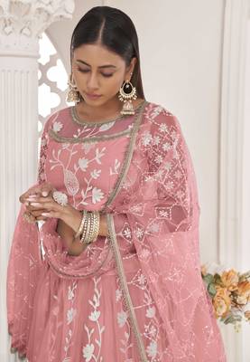 Pink embroidered net semi stitched lehenga 3