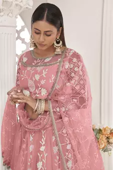 Pink embroidered net semi stitched lehenga