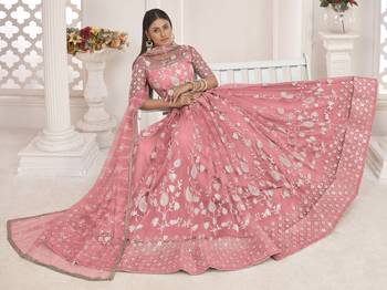 Pink embroidered net semi stitched lehenga 4