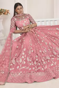 Pink embroidered net semi stitched lehenga