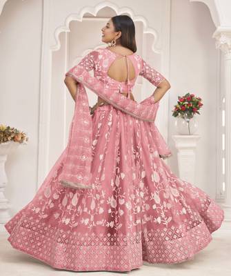 Pink embroidered net semi stitched lehenga 5