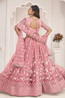Pink embroidered net semi stitched lehenga