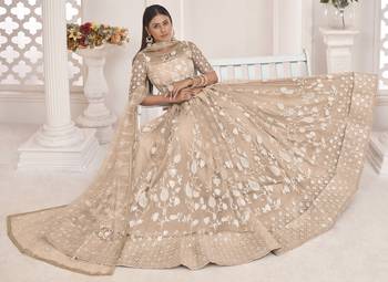 Beige embroidered net semi stitched lehenga 3