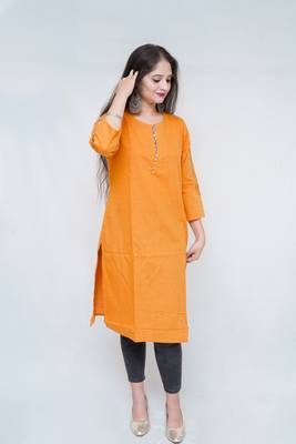 Women's Pure Cotton Straight embellished mustard yellow color Kurta 1