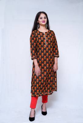 Women's Cotton hand block printed brown straight kurta 1