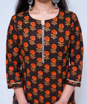 Women's Cotton hand block printed brown straight kurta 3