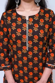 Women's Cotton hand block printed brown straight kurta
