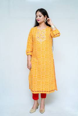 Yellow Cotton bandhni printed kurti 1