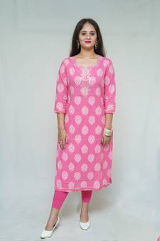 women's cotton hand block printed pink color straight kurta