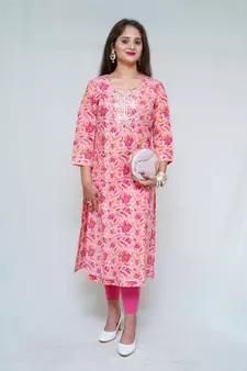 Women's cotton hand block printed pink-peach color straight kurta  