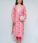 Women's cotton hand block printed pink-peach color straight kurta  