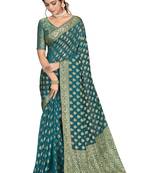 Teal woven silk saree with blouse