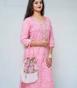 Women's cotton hand block printed pink kurta with straight pant