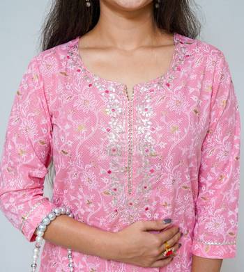 Women's cotton hand block printed pink kurta with straight pant 3