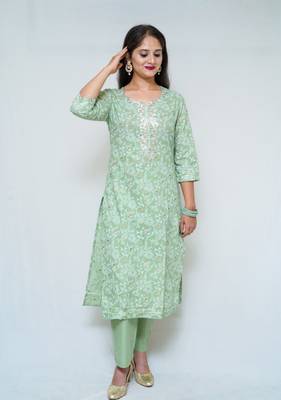 WOMEN'S COTTON HAND BLOCK PRINTED PISHTA GREEN STRAIGHT KURTA WITH PANT 1