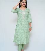 WOMEN'S COTTON HAND BLOCK PRINTED PISHTA GREEN STRAIGHT KURTA WITH PANT