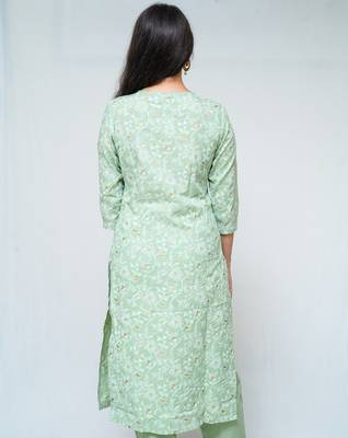 WOMEN'S COTTON HAND BLOCK PRINTED PISHTA GREEN STRAIGHT KURTA WITH PANT 3