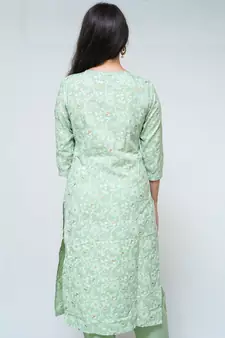 WOMEN'S COTTON HAND BLOCK PRINTED PISHTA GREEN STRAIGHT KURTA WITH PANT