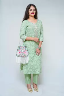 WOMEN'S COTTON HAND BLOCK PRINTED PISHTA GREEN STRAIGHT KURTA WITH PANT
