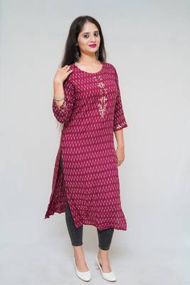 Women's rayon Cotton Discharge printed maroon color embellished kurta 1