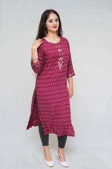 Women's rayon Cotton Discharge printed maroon color embellished kurta