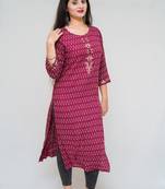 Women's rayon Cotton Discharge printed maroon color embellished kurta