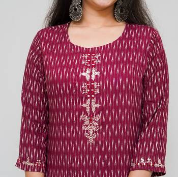 Women's rayon Cotton Discharge printed maroon color embellished kurta 2