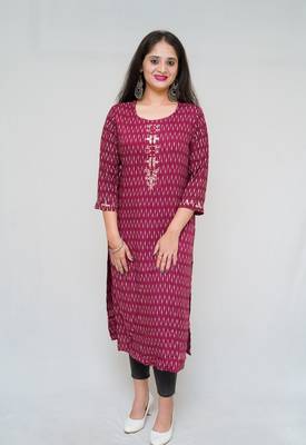 Women's rayon Cotton Discharge printed maroon color embellished kurta 3