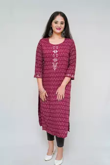 Women's rayon Cotton Discharge printed maroon color embellished kurta