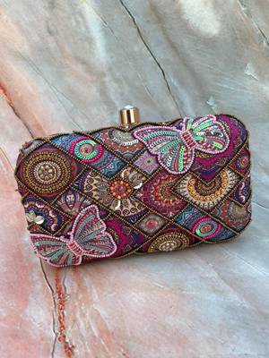 PINK MULTI COLOR HAND EMBROIDED BEADED CLUTCH CUM SLING BAG (size : 9inch  L X 6inch W) 1