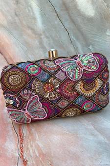 PINK MULTI COLOR HAND EMBROIDED BEADED CLUTCH CUM SLING BAG (size : 9inch  L X 6inch W)
