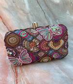 PINK MULTI COLOR HAND EMBROIDED BEADED CLUTCH CUM SLING BAG (size : 9inch  L X 6inch W)