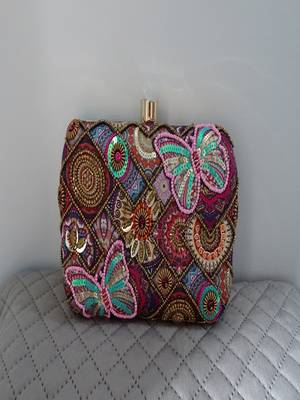 PINK MULTI COLOR HAND EMBROIDED BEADED CLUTCH CUM SLING BAG (size : 9inch  L X 6inch W) 2