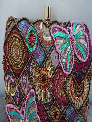 PINK MULTI COLOR HAND EMBROIDED BEADED CLUTCH CUM SLING BAG (size : 9inch  L X 6inch W) 3