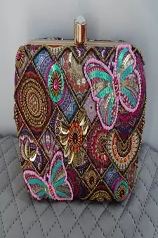 PINK MULTI COLOR HAND EMBROIDED BEADED CLUTCH CUM SLING BAG (size : 9inch  L X 6inch W)