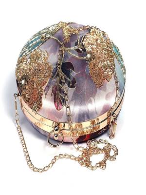 GOLD WITH MULTI COLOR  HAND EMBROIDED BEADED ROUND CLUTCH CUM SLING BAG(size : 8inch L X 8inch W) 1