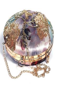 GOLD WITH MULTI COLOR  HAND EMBROIDED BEADED ROUND CLUTCH CUM SLING BAG(size : 8inch L X 8inch W)